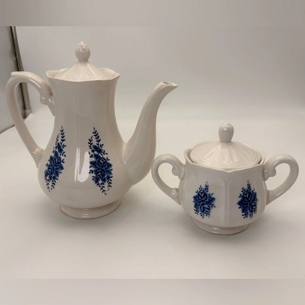 Vintage Mayhill Federalist Ironstone Teapot and Sugar Bowl Set - Blue and White